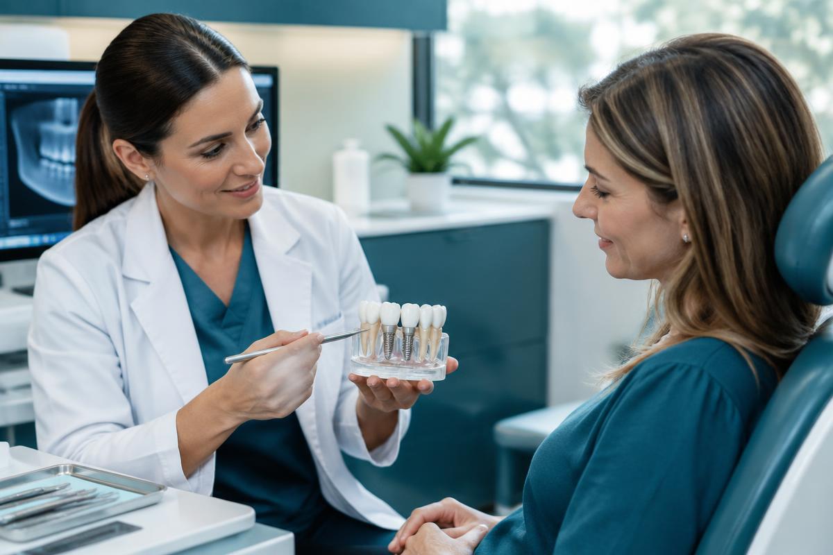 Dentista explicando um tratamento com implantes dentários